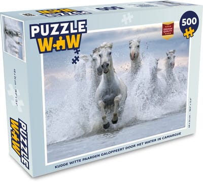 Puzzel Kudde witte paarden galoppeert door het water in Camargue - Legpuzzel - Puzzel 500 stukjes