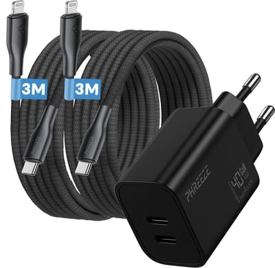 40w snellader geschikt voor iPhone en iPad met Lightning kabel - Phreeze usb C Power Delivery oplader 40 W - Dual port GaN charger met 2 kabels 3m
