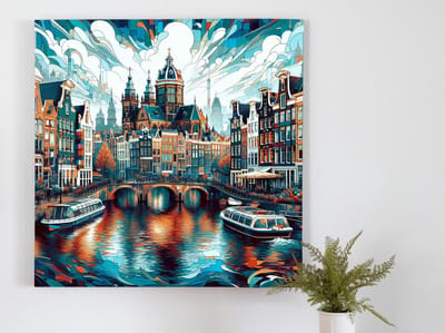 Acryl amsterdam schilderij | Abstracte stadsgezichten: Amsterdamse straten en gebouwen in acrylverf | Kunst - 30x30 centimeter op Canvas | Foto op Canvas