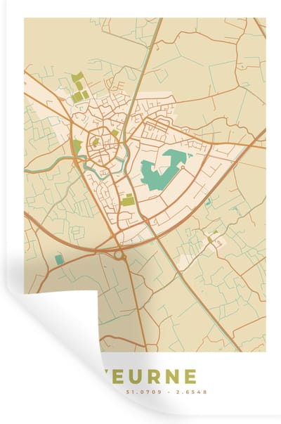 Muurstickers - Sticker Folie - Stadskaart - Kaart - Plattegrond - Vintage - Veurne - 20x30 cm - Plakfolie - Muurstickers Kinderkamer - Zelfklevend Behang - Zelfklevend behangpapier - Stickerfolie