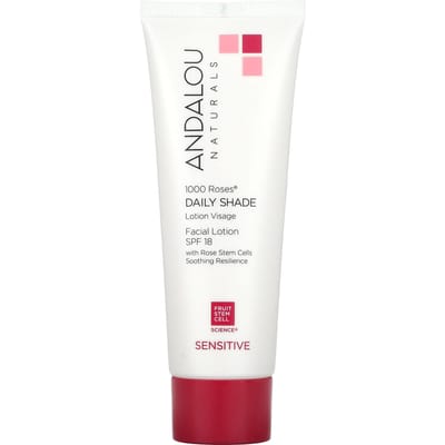 Andalou Naturals, 1000 Rozen, Gezichtslotion, Dagelijkse Bescherming, SPF 18, Voor Gevoelige Huid, 2,7 fl oz (80 ml) white