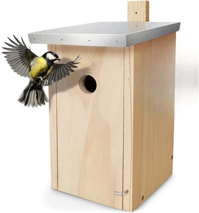 Famanu – Nestkast voor mezen - weerbestendig - onbehandeld hout - metalen dak - eenvoudig op te hangen - geschikt voor tuin - balkon of park - beschermt vogels tegen regen en roofdieren