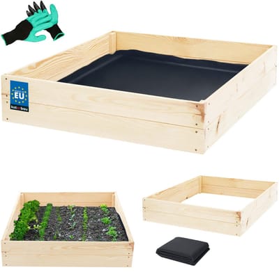 KOTARBAU® Moestuinbak, Verhoogd Tuinbed, Geïmpregneerd Hout, 120 x 120 x 18 cm, Bruin, Plantenbed, met Vlies en Handschoenen met Klauwen, Groentebed, Bloembak Hout Buiten