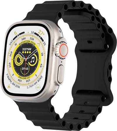 Stravo Ocean Sport Siliconen Bandje met RVS sluiting – Geschikt voor Apple Watch 46mm (Series 11/10), 45mm (Series 9/8/7), 44mm (Series 6/5/4, SE 3/2/1), 49mm (Ultra 3/2/1) – Ademend & Waterbestendig – Zwart