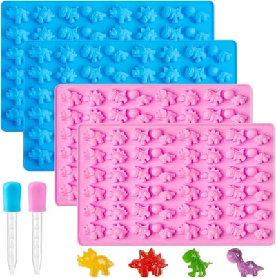 Siliconen Dinosaurussnoepvormen, 4 Stuks, 3D Vorm met 48 Cavities en 2 Druppelflessen voor Chocolade en Snoepjes Maken