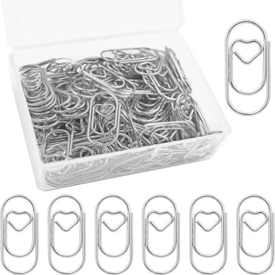 Paperclips, 150 stuks, hartvormig, zilverkleurig, transparante doos, klein ovaal, voor kantoor en klaslokaal