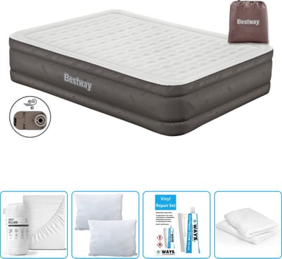 Bestway luchtbed - 2-Persoons - 152 x 203 x 46 cm - Bruin - Inclusief pomp - Hoeslaken - Kussen - Kussenbeschermer en Reparatieset