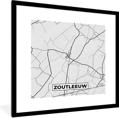 Fotolijst incl. Poster Zwart Wit- Zwart Wit – België – Plattegrond – Stadskaart – Kaart – Zoutleeuw - 40x40 cm - Posterlijst