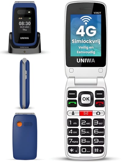 Uniwa V202T Senioren Telefoon 4G - Klaptelefoon - Grote Toetsen - SOS Noodknop - GSM Dumbphone - Blauw