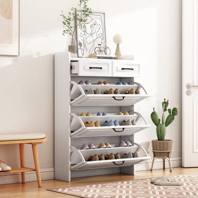 MODENUIT Schoenenkast - 3 Kantelvakken En 2 Laden - Voor Hal En Woonkamer - Spaanplaat Metaal - 80x23,5x131 cm