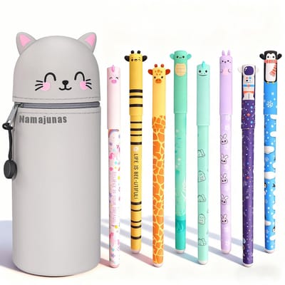 Namajunas - Uitwisbare pennen 8 kleuren - Gelpennen met siliconen etui - Katten Pennenzak - 0,6 mm Cartoon Patroon Dierenpen voor Schoolspullen van Kinderen of Kantoorbenodigdheden voor Volwassenen - Cadeauset
