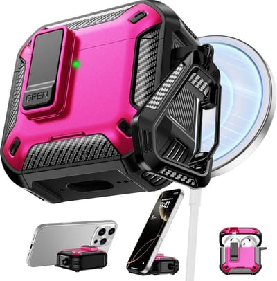 Beschermhoes Oplader - Oplaadcase Cover - Draagbare Bescherming - Geïntegreerde Telefoonstandaard - 10.5 x 8.3 cm - Zwart Rozerood