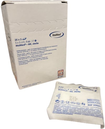 Maimed non-woven gaas kompressen 5cm x 5cm per 3 stuks steriel verpakt 8 laags - 75 stuks
