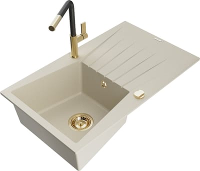 Mexen Cesar granieten spoelbak 1-komerig met afdruiprek en keukenkraan Flora, beige - 6514-69-670401-57-G