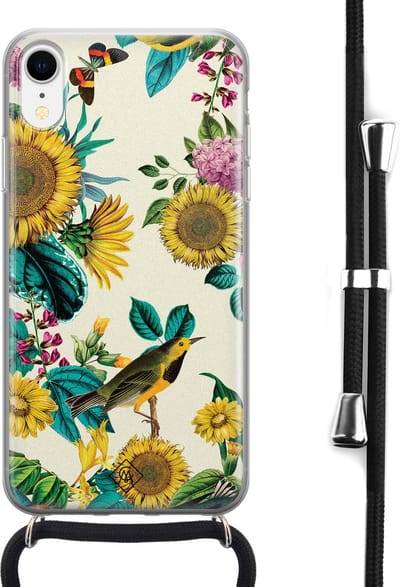Casimoda® hoesje met koord - Geschikt voor iPhone XR - Zonnebloemen / Bloemen - Afneembaar koord - Siliconen/TPU - Geel