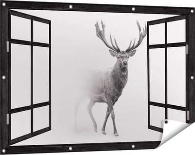 Gards Tuinposter Doorkijk Hert - Zwart Wit - 120x80 cm - Tuindoek - Tuindecoratie - Wanddecoratie buiten - Tuinschilderij