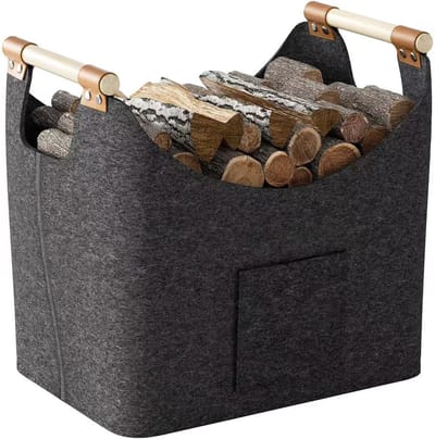 60 liter brandhoutmand – vilten mand met extra dikke voering en verstevigde handvatten – Opvouwbare houten mand voor hout, kranten of opslag 50x32x40 cm