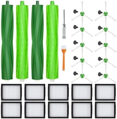 Reserveonderdelen voor iRobot Roomba E & I-serie i7 i7+ i3 i3+ i4 i4+ i6 i6+ i8 i8+ E5 E6 E7, reserveaccessoires voor Roomba i7 met 4 rubberen borstels, 10 Hepa-filters, 10 zijborstels
