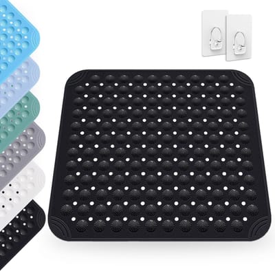 48 x 48 cm, antislipmat met zuignappen, massage douchemat met 2 haken, rutschmatte van PVC, wasmachinebestendig, voor douche, sauna of badkuip, zwart