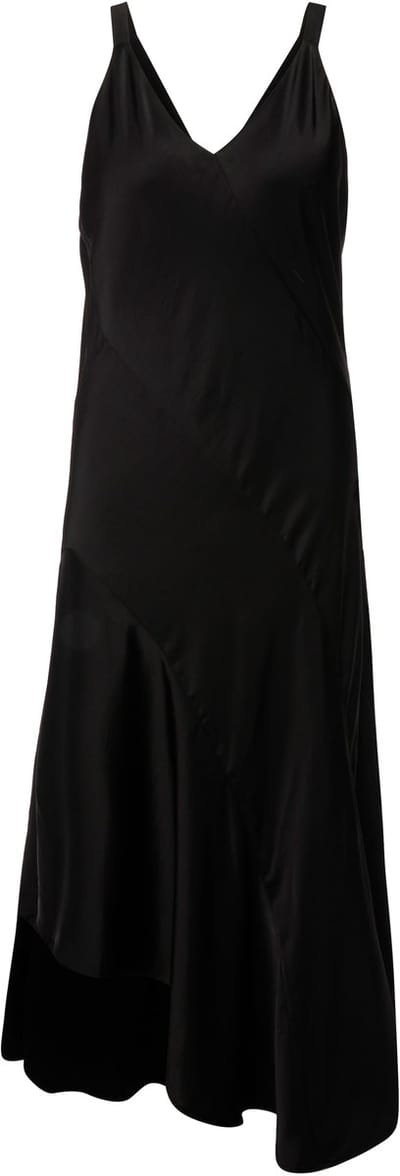 Ulla Popken - Dames - Satijnen maxi-jurk A-lijn V-hals mouwloos - Zwart - Maat 50+