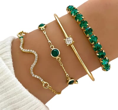 4-Delige Vintage Slangen Armbanden set - Goudkleurig - Roestvrijstaal - Met Groene Edelstenen – Dames Armbanden met Kristallen - Verstelbare Open Bangles - Perfect als Cadeau of voor Feestjes - Trendy Sieraden voor Vrouwen