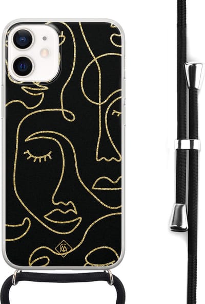 Casimoda® hoesje met koord - Geschikt voor iPhone 12 Mini - Abstract Faces - Afneembaar koord - Siliconen/TPU - Zwart