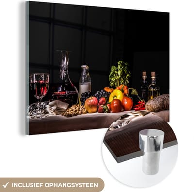 MuchoWow® Glasschilderij 60x40 cm - Schilderij acrylglas - Stilleven - Eten - Drinken - Fruit - Zwart - Foto op glas - Muurdecoratie woonkamer - Wanddecoratie slaapkamer - Schilderijen