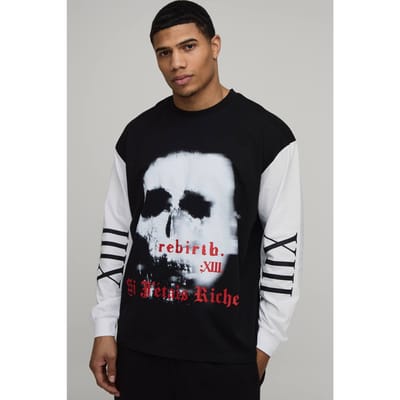 Oversized Gothic Bedrukt T-shirt Met Lange Mouwen | Washed Black | Size XS