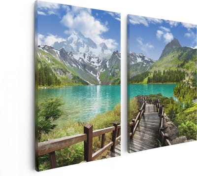 Artaza Canvas Schilderij Tweeluik Pad Naar Een Helder Blauw Meer In De Bergen - 80x60 - Foto Op Canvas - Canvas Print