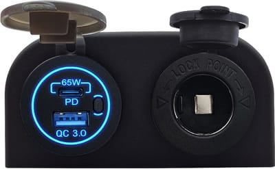 ProRide 12V USB/USB C Stopcontact 2 Poorten Opbouw met Schakelaar - 65W - QC3.0 - met 12/24V Sigaretten stopcontact - Blauw