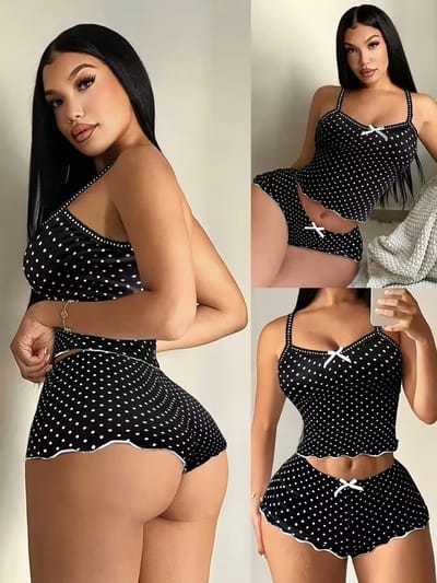 2-delige pyjamaset voor dames - hemdje en korte broek - stippenpatroon - kanten details