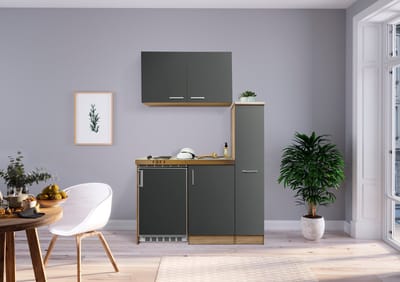 Goedkope keuken 130  cm - mini keuken met apparatuur Levin - Eiken/Grijs - elektrische kookplaat  - koelkast          - kleine keuken - compacte keuken - keukenblok met apparatuur
