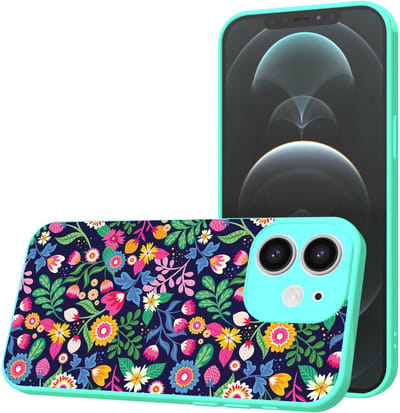 Smartphonica Telefoonhoesje Geschikt voor iPhone 12 met Bloemen opdruk - TPU Back Cover Case Flower Design - Turquoise geschikt voor iPhone 12