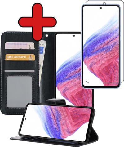 Hoesje - Met Screenprotector - Geschikt voor Samsung Galaxy A53 - Luxe Pasjeshouder - Flipcase - Bookcase Portemonee - Flip Case - Kunstleer Book Case - Book Cover - Walletcase - Portemonneehoes - Telefoonhoes - Zwart