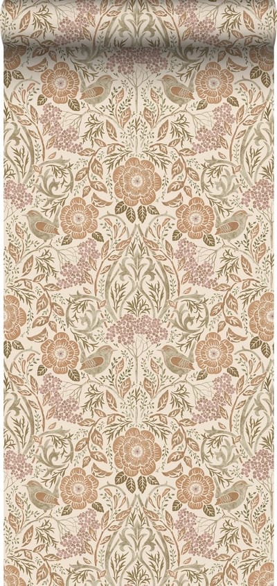 ESTAhome behang bloemen en vogels in art nouveau stijl zandkleurig, beige en oudroze - 53 cm x 10.05 m - 139566