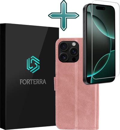 Hoesje Met Screenprotector - Geschikt voor Apple iPhone 16 Pro - Luxe Pasjeshouder - Flipcase - Bookcase Portemonee - Flip Case - Kunstleer Book Case - Book Cover - Walletcase - Portemonneehoes - Rosé goud