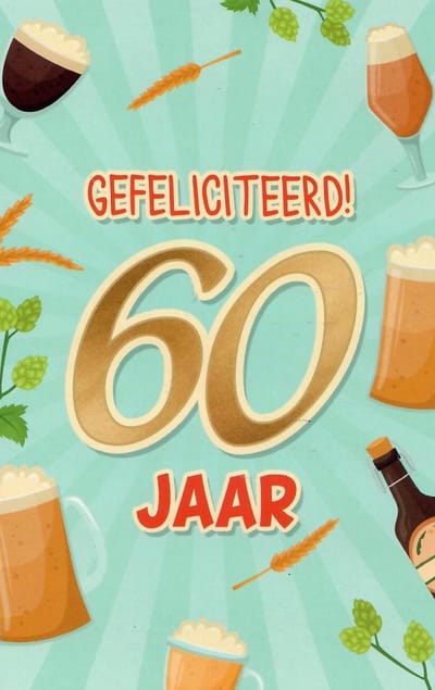 Van harte gefeliciteerd! Je bent 60 jaar geworden! Een kleurrijke en feestelijke kaart met drankjes en bloemen. Een leuke kaart om zo te geven of om bij een cadeau te voegen. Een dubbele wenskaart inclusief envelop en in folie verpakt.