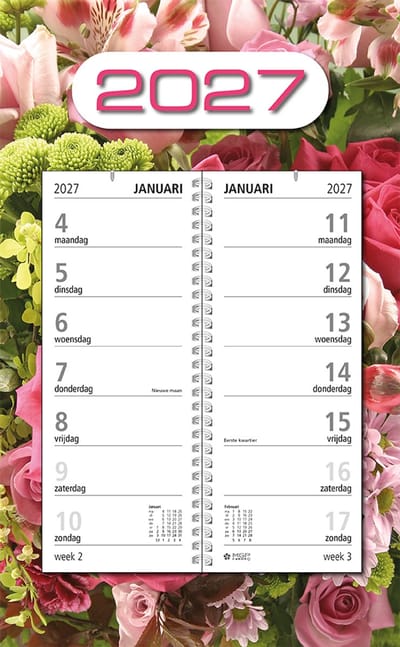 MGPcards - Omlegweek kalender 2027 - Week begint op maandag - Omslag kalender - 21 x 34 cm - Bloemen - Roze