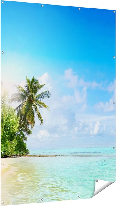 Gards Tuinposter Tropisch Strand bij de Licht Blauwe Zee - 120x180 cm - Tuindoek - Tuindecoratie - Wanddecoratie buiten - Tuinschilderij