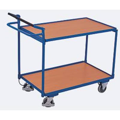 Tafelwagen, staal/MDF-plaat, decor gentiaanblauw/beuken, 2 etages, L 985 x B 605 mm, duwbeugel van buis, TPE-wielen met dodemansrem, tot 250 kg