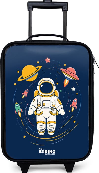 NoBoringSuitcases.com® - Kinderkoffer jongen - Kindertrolley meisje - Astronaut - Planeet - Sterren - Raket - Koffer kind lichtgewicht - Reiskoffer trolley voor kinderen - Koffertje met lichtgevende wieltjes - Rolkoffer zwart