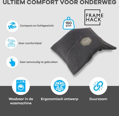 Framehack - Zacht Travel Pillow Reiskussen - Neksteun Nek Support - Nekkussen - inclusief 3D slaapmasker & oordopjes – Grijs