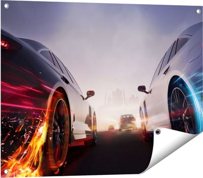 Gards Tuinposter Twee Raceauto's - Blauw Tegen Rood - 80x60 cm - Tuindoek - Tuindecoratie - Wanddecoratie buiten - Tuinschilderij