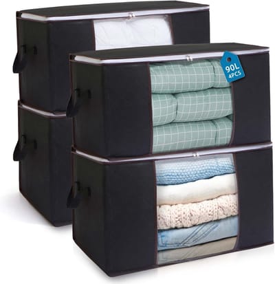 Opbergdozen met deksel - Opbergtas organizer - Kleding opbergen - Opvouwbaar ontwerp - 90 liter 4 stuks - Zwart