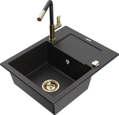 Mexen Enzo granieten spoelbak met 1 bak, afdruiprek en keukenkraan Flora, zwart/zilver metallic - 6506-73-670401-57-G