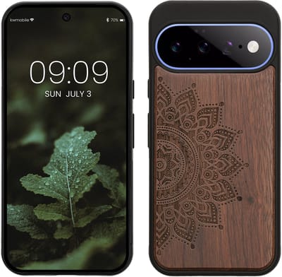 kwmobile telefoonhoesje geschikt voorGoogle Pixel 11 - Hoesje met bumper - hout - In donkerbruin Opkomende Zon design