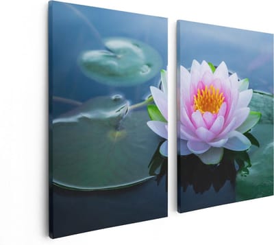 Artaza Canvas Schilderij Tweeluik Roze Lotusbloem Met Waterlelies  - 80x60 - Foto Op Canvas - Canvas Print