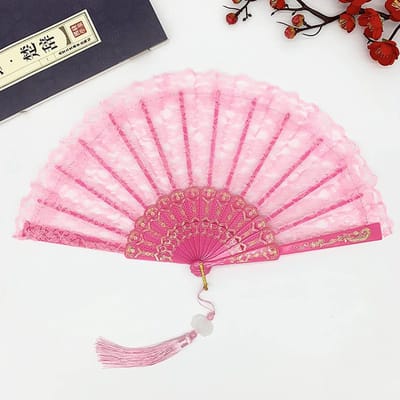 Dailygoods - Handwaaier kant - Vintage vouwwaaier - Roze - Handventilator voor afkoeling - Geschikt voor bruiloften en feesten
