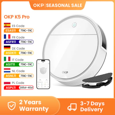 OKP K5P robotstofzuiger, 5000 Pa, 180 minuten, WiFi/app, slank ontwerp, zelfopladen, perfect voor harde vloeren, dierenharen, tapijten