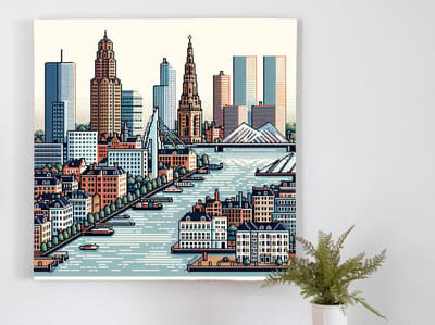 Pixel art rotterdam schilderij | Rotterdamse skyline in pixel vorm: een moderne stadsimpressie gekleurd | Kunst - 20x20 centimeter op Canvas | Foto op Canvas